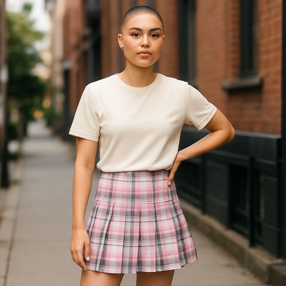 High Waist Panel Plaid Pleated Cotton Mini Skirt -NEW